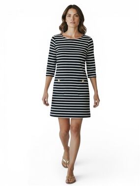 Lilly Pulitzer Navy White Stripe Shift Dress Gold Button Nautical Preppy Small